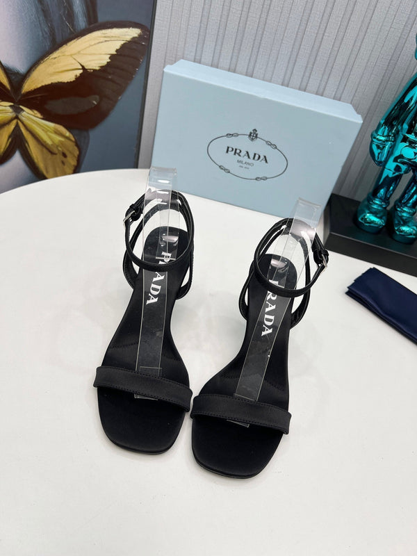Prad 26s Ankle Strap Sandals Stiletto Heel 80mm In Black Satin