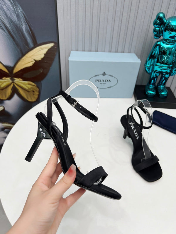 Prad 26s Ankle Strap Sandals Stiletto Heel 80mm In Black Satin