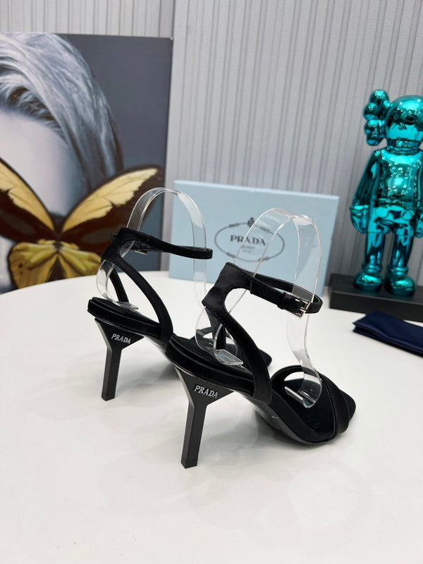 Prad 26s Ankle Strap Sandals Stiletto Heel 80mm In Black Satin