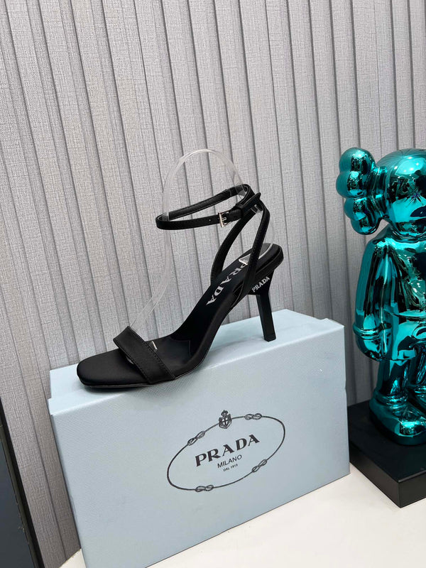 Prad 26s Ankle Strap Sandals Stiletto Heel 80mm In Black Satin