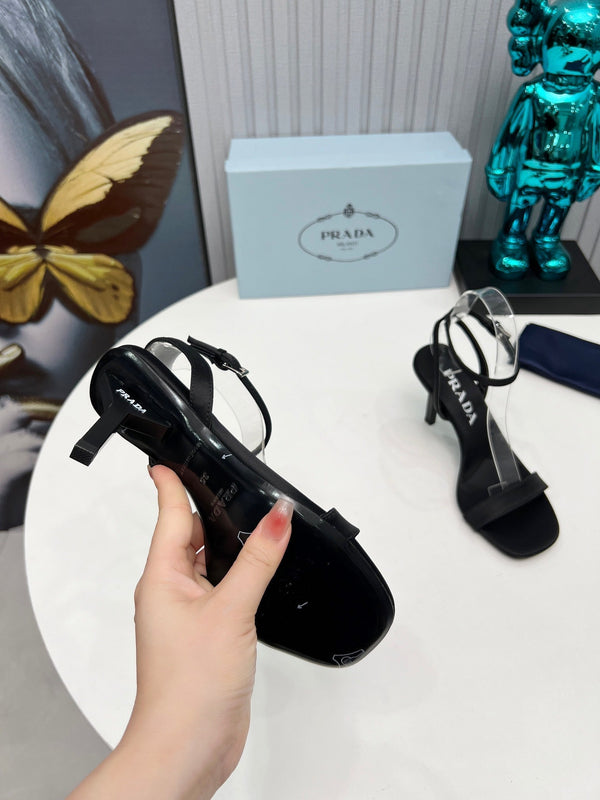 Prad 26s Ankle Strap Sandals Stiletto Heel 80mm In Black Satin