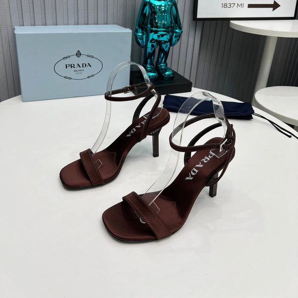 Prad 26s Ankle Strap Sandals Stiletto Heel 80mm In Dark Brown Satin