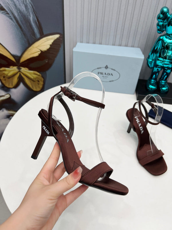 Prad 26s Ankle Strap Sandals Stiletto Heel 80mm In Dark Brown Satin