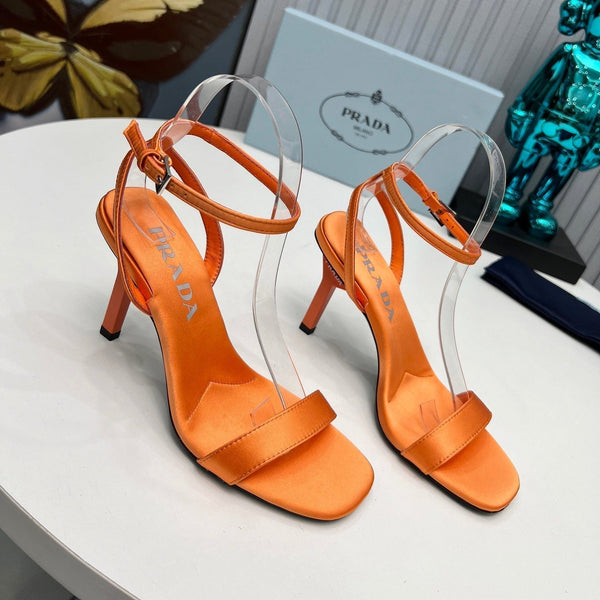 Prad 26s Ankle Strap Sandals Stiletto Heel 80mm In Orange Satin