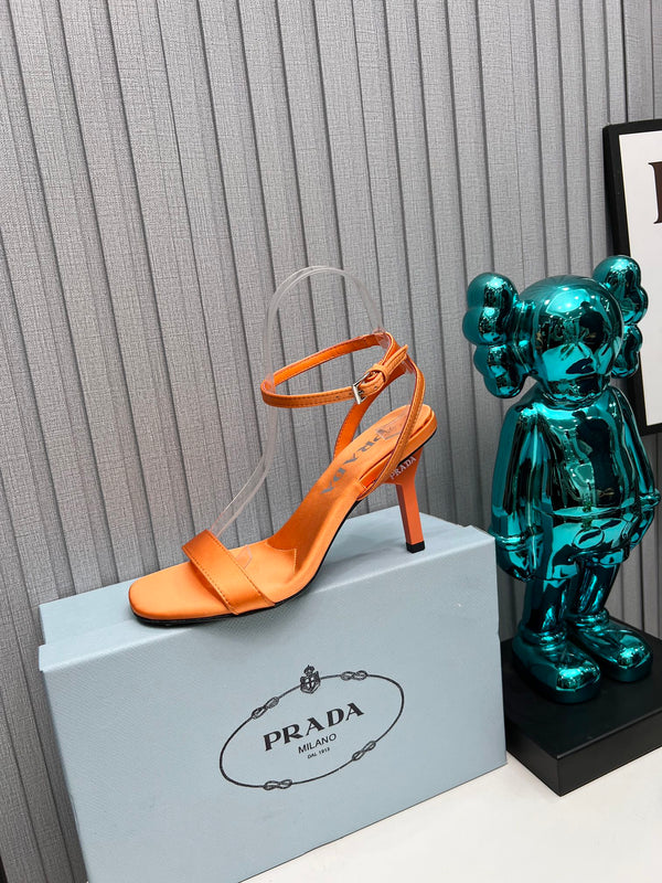 Prad 26s Ankle Strap Sandals Stiletto Heel 80mm In Orange Satin