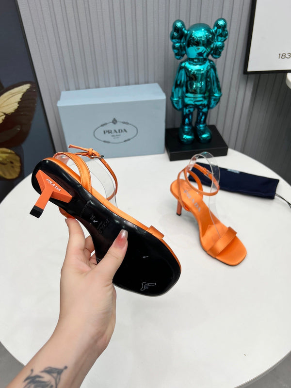 Prad 26s Ankle Strap Sandals Stiletto Heel 80mm In Orange Satin
