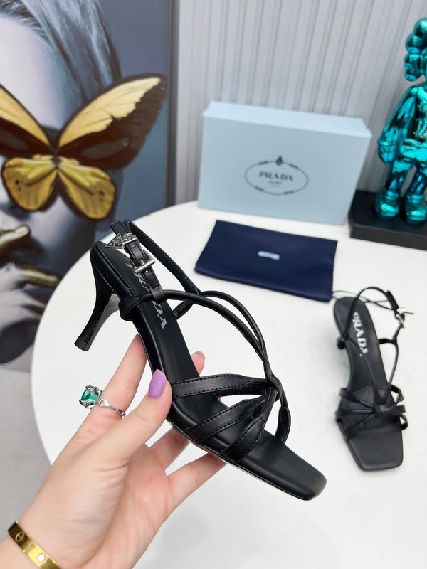 Prad 26s Strappy Sandals Stiletto Heel 60mm In Black Calfskin