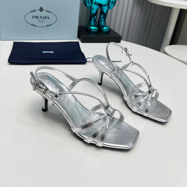 Prad 26s Strappy Sandals Stiletto Heel 60mm In Silver Calfskin