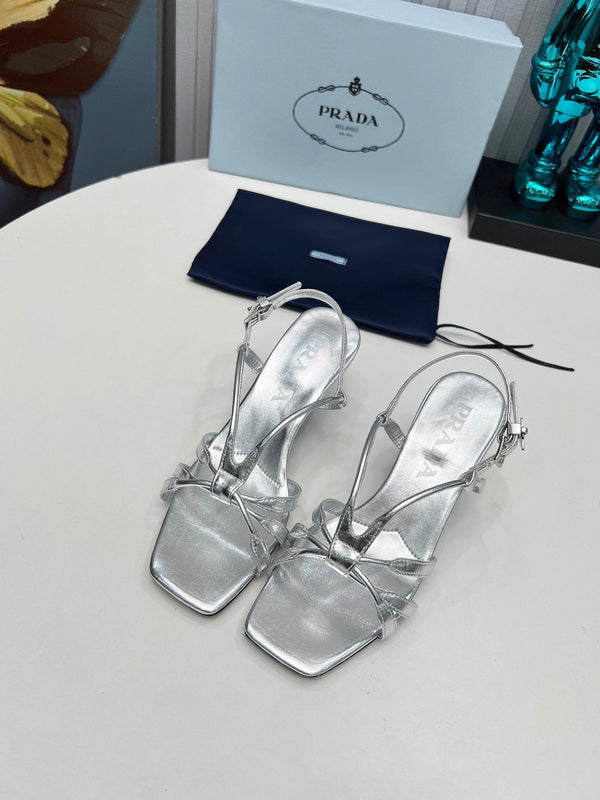 Prad 26s Strappy Sandals Stiletto Heel 60mm In Silver Calfskin