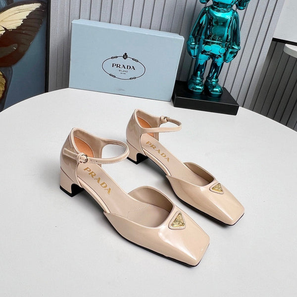 Prad 26s Ankle Strap Pumps 40mm In Nude Beige Patent Calfskin Triangle Logo
