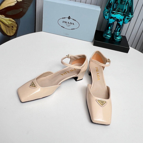 Prad 26s Ankle Strap Pumps 40mm In Nude Beige Patent Calfskin Triangle Logo