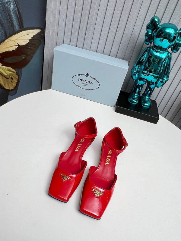 Prad 26s Ankle Strap Pumps 40mm In Red Patent Calfskin Triangle Logo