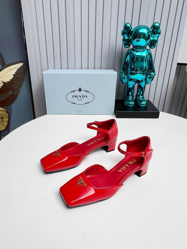 Prad 26s Ankle Strap Pumps 40mm In Red Patent Calfskin Triangle Logo