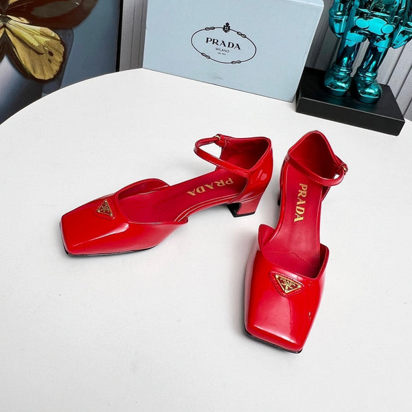 Prad 26s Ankle Strap Pumps 40mm In Red Patent Calfskin Triangle Logo