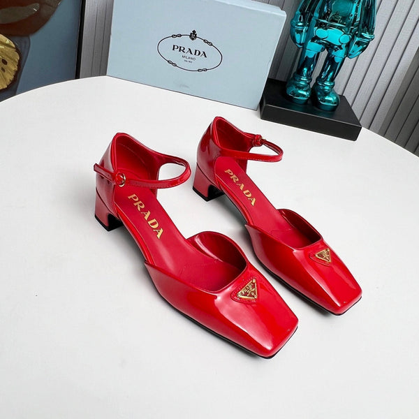 Prad 26s Ankle Strap Pumps 40mm In Red Patent Calfskin Triangle Logo