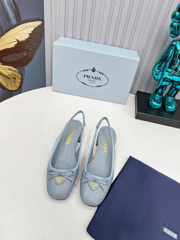 Prad 26s Round Toe Slingback Pumps 40mm In Light Blue Calfskin With Bow