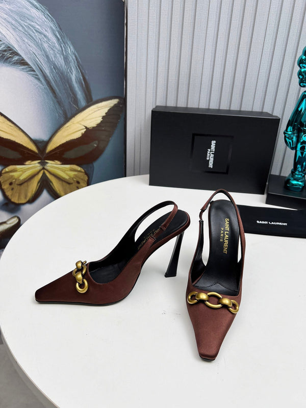 YSL Hermione Slingback 11cm Brown Silk 680403