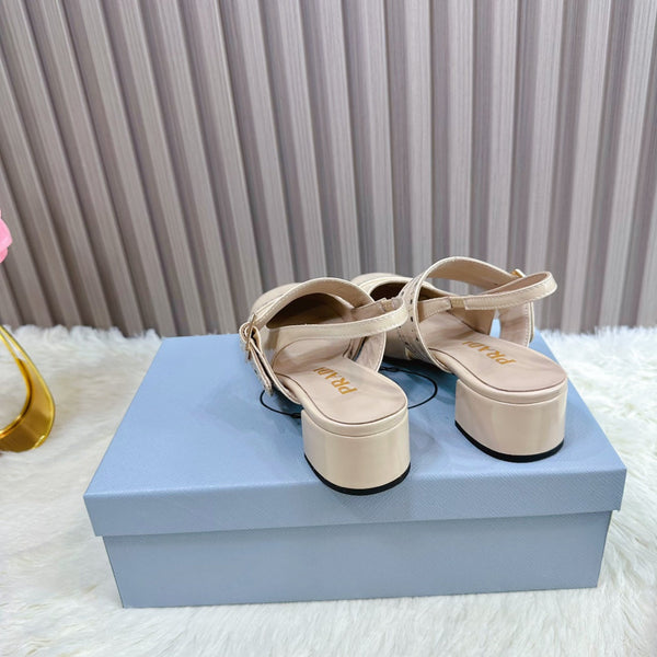 Prad 26s Square Toe Studded Slingback Block Heel 40mm In Beige Patent Calfskin