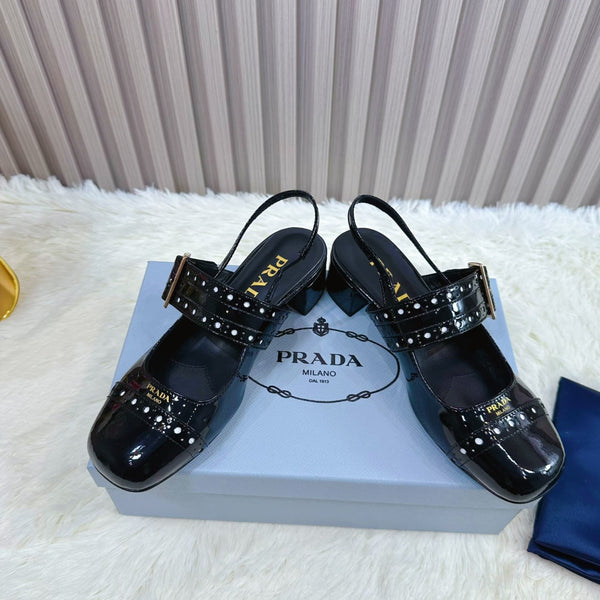 Prad 26s Square Toe Studded Slingback Block Heel 40mm In Black Patent Calfskin