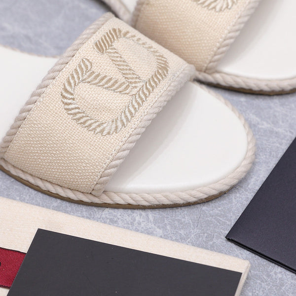 VLTN Torchon Slide Sandal Cream Leather Canvas 941251