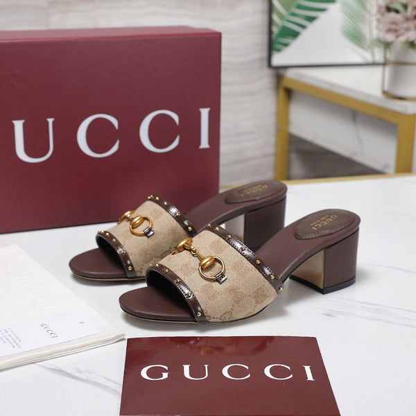 GG 26s Horsebit Mid-Heel Slide Sandal 6.5cm Beige Brown Canvas Lambskin 961273