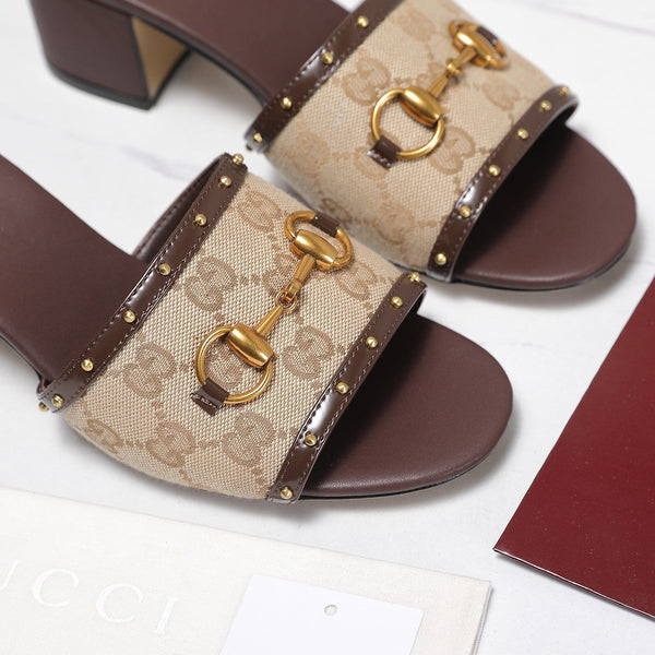 GG 26s Horsebit Mid-Heel Slide Sandal 6.5cm Beige Brown Canvas Lambskin 961273