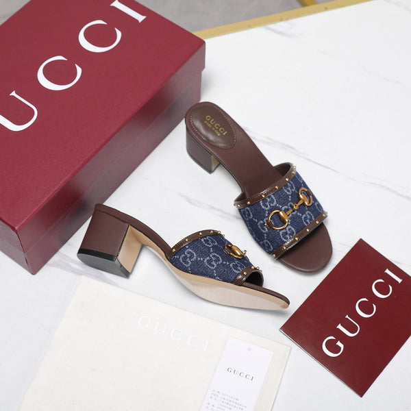 GG 26s Horsebit Mid-Heel Slide Sandal 6.5cm Brown Blue Canvas Lambskin 961274