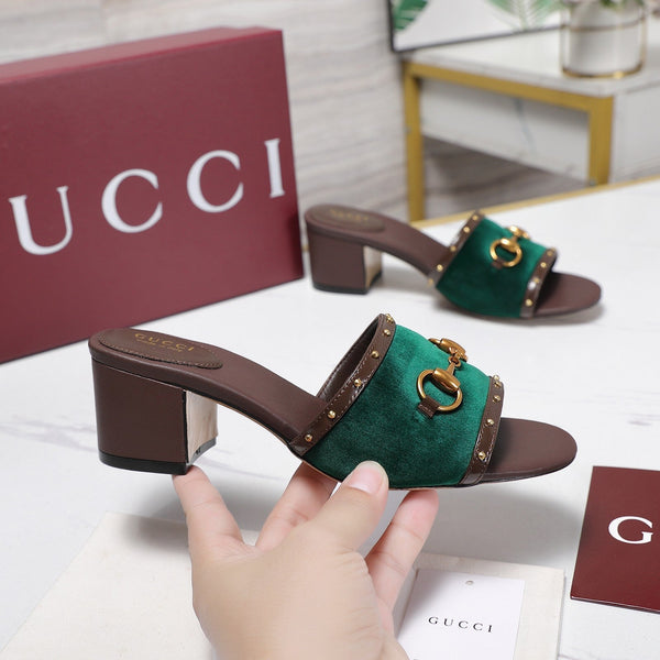 GG 26s Horsebit Mid-Heel Slide Sandal 6.5cm Green Velvet Lambskin 961278