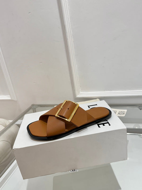 Loew Petal Buckle Slide Tan Brown Leather 881319