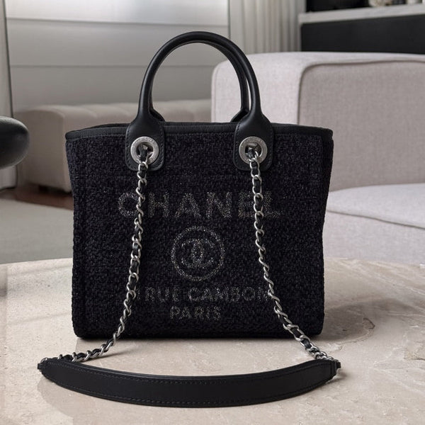 Chanel 2026 Mini Deauville Tote Bag 24cm Black Wool Leather Canvas