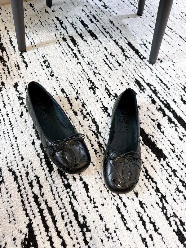 CC 26s Coco Beach Ballet Flats Full Black Quited Lambskin 741132