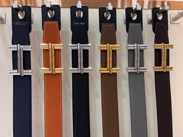HM TRAVERSE BELT BUCKLE & REVERSIBLE BRONZE BROWN LEATHER STRAP 38 MM GOLD HARDWARE
