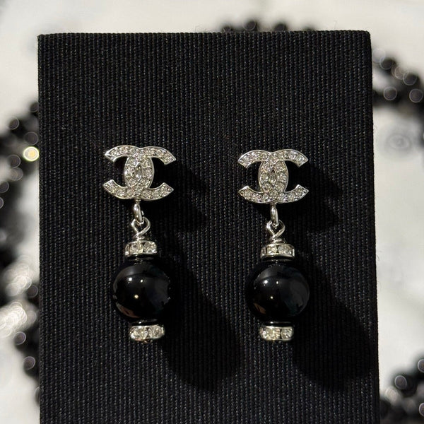 Chanel 2026 Silver Full Diamond Double C Black Bead Earrings