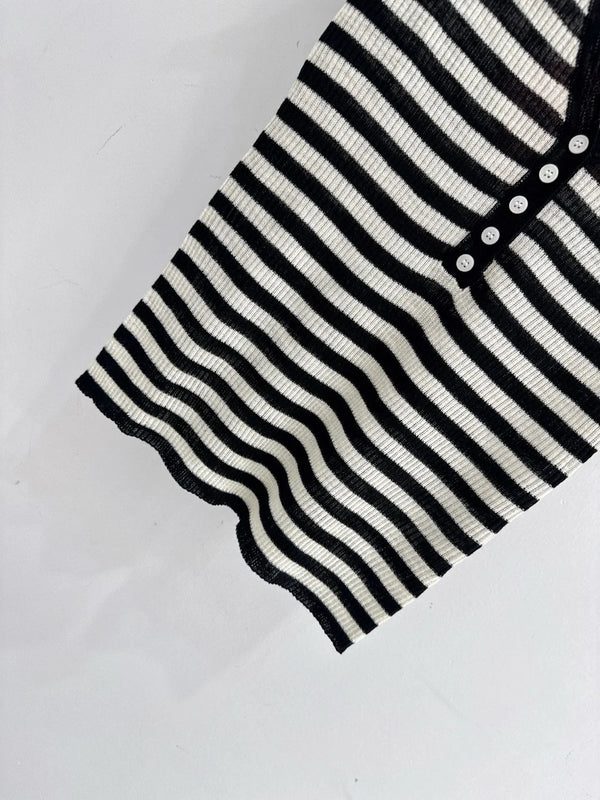 Miu 2026 Half-button Striped Knit Top Black White Wool 521196