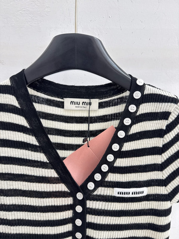 Miu 2026 Half-button Striped Knit Top Black White Wool 521196
