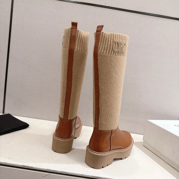 CE 26s Sock Long Boots Brown Lambskin Cotton 101096