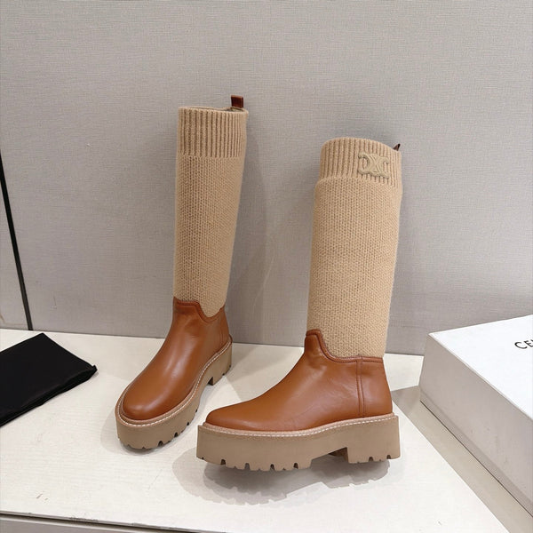 CE 26s Sock Long Boots Brown Lambskin Cotton 101096