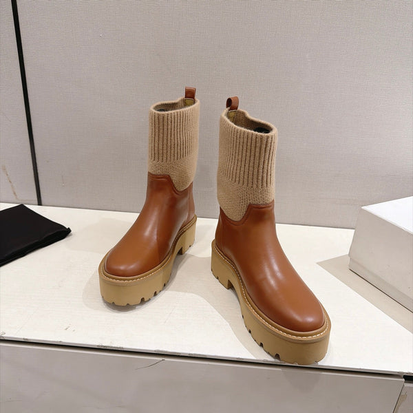 CE 26s Sock Ankle Boots Brown Lambskin Cotton 101098