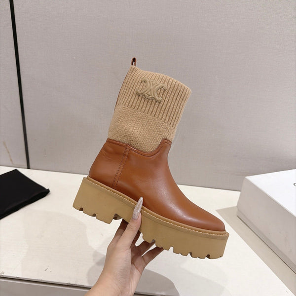 CE 26s Sock Ankle Boots Brown Lambskin Cotton 101098