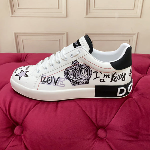 DC 24 Portofino Sneakers Black White Digital-Print Sheepskin & Crown Embroidery 100858