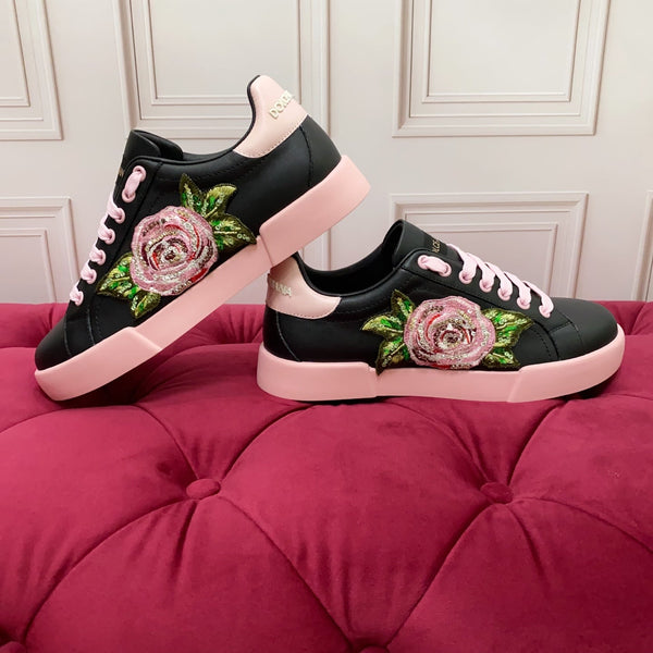DC 25 Portofino Light Sneakers Black Pink Glitter Floral Pattern & Sheepskin 333870