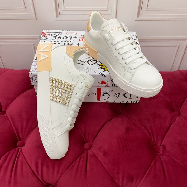 DC 25 Portofino Vintage Sneakers Yellow White Cowhide & Rhinestone Silk 333875