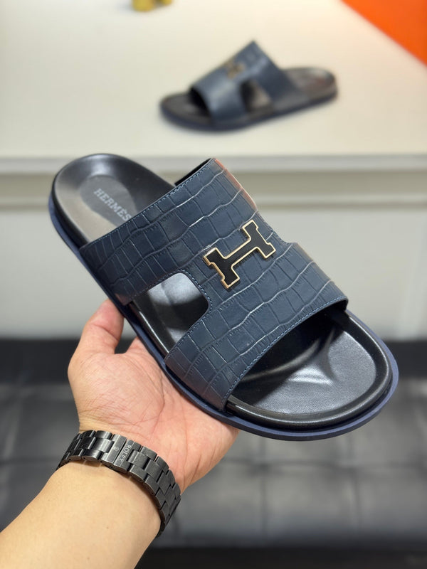HM Oran H Slippers in Navy Blue Cowhide 735235