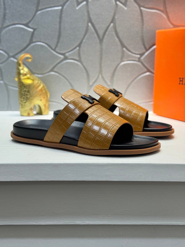 HM Oran H Noir Buckle Slippers in Brown Cowhide 735241