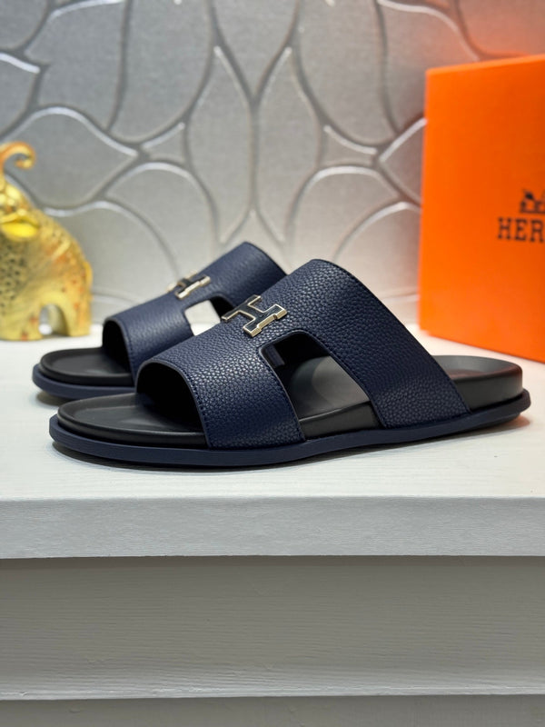HM Oran H Black Gold Buckle Slippers in Blue Cowhide 735243