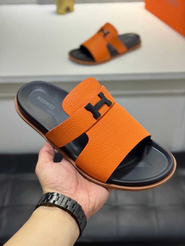 HM Oran H Black Buckle Slippers in Orange Cowhide 735250