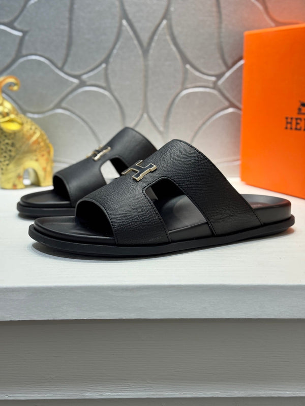 HM Oran H Black Gold Buckle Slippers in Black  Cowhide 735254