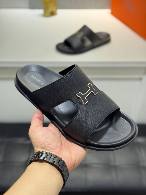 HM Oran H Black Gold Buckle Slippers in Black  Cowhide 735254