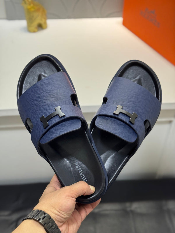 HM Oran H Noir Buckle Slippers in Navy Blue  Cowhide 735257