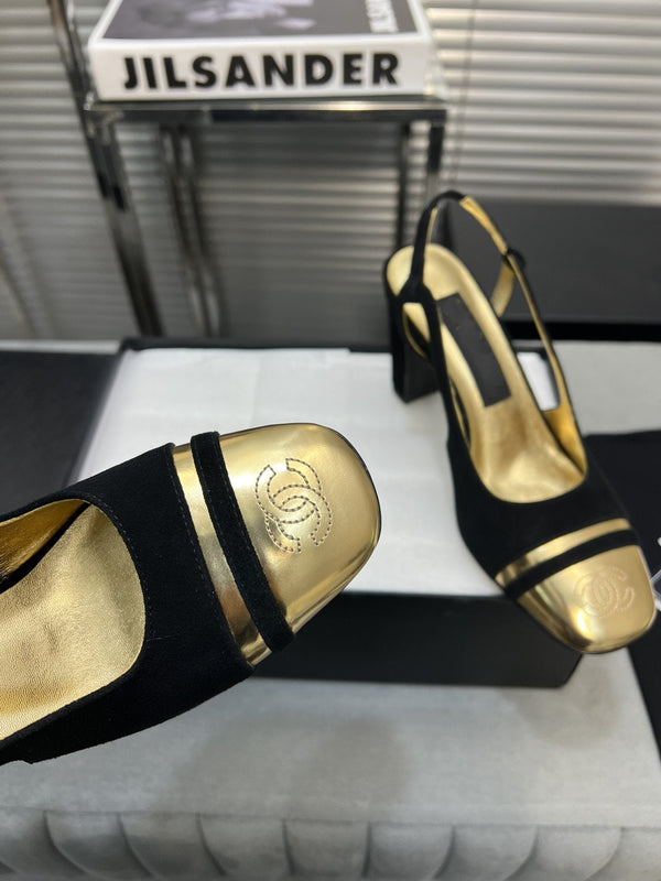 slingback black suede gold metalic lambskin square toe 9.5